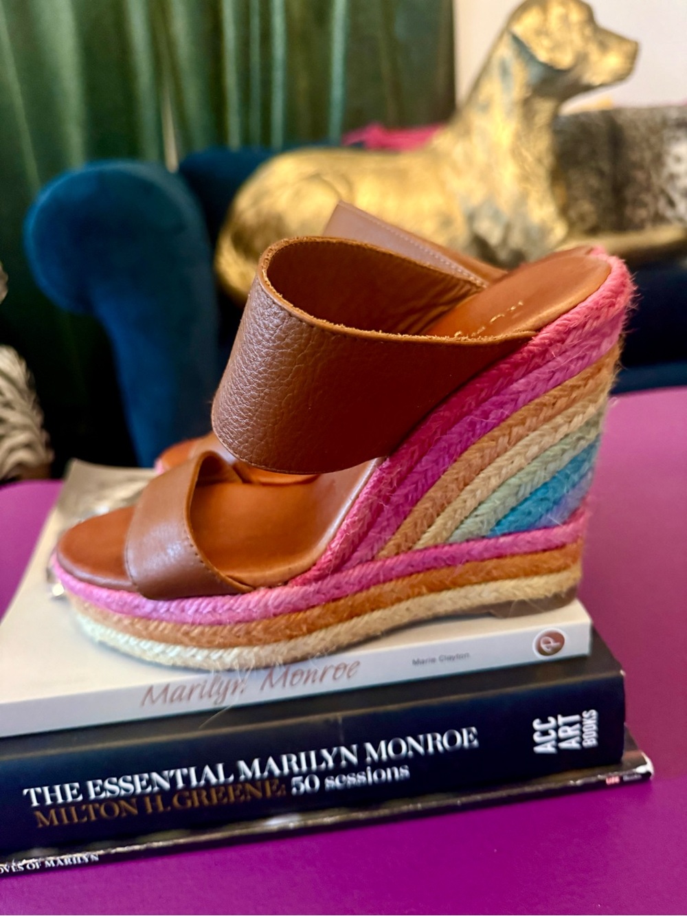 Kurt Geiger Brown Leather Multicolor Espadrille Wedge Sandals
